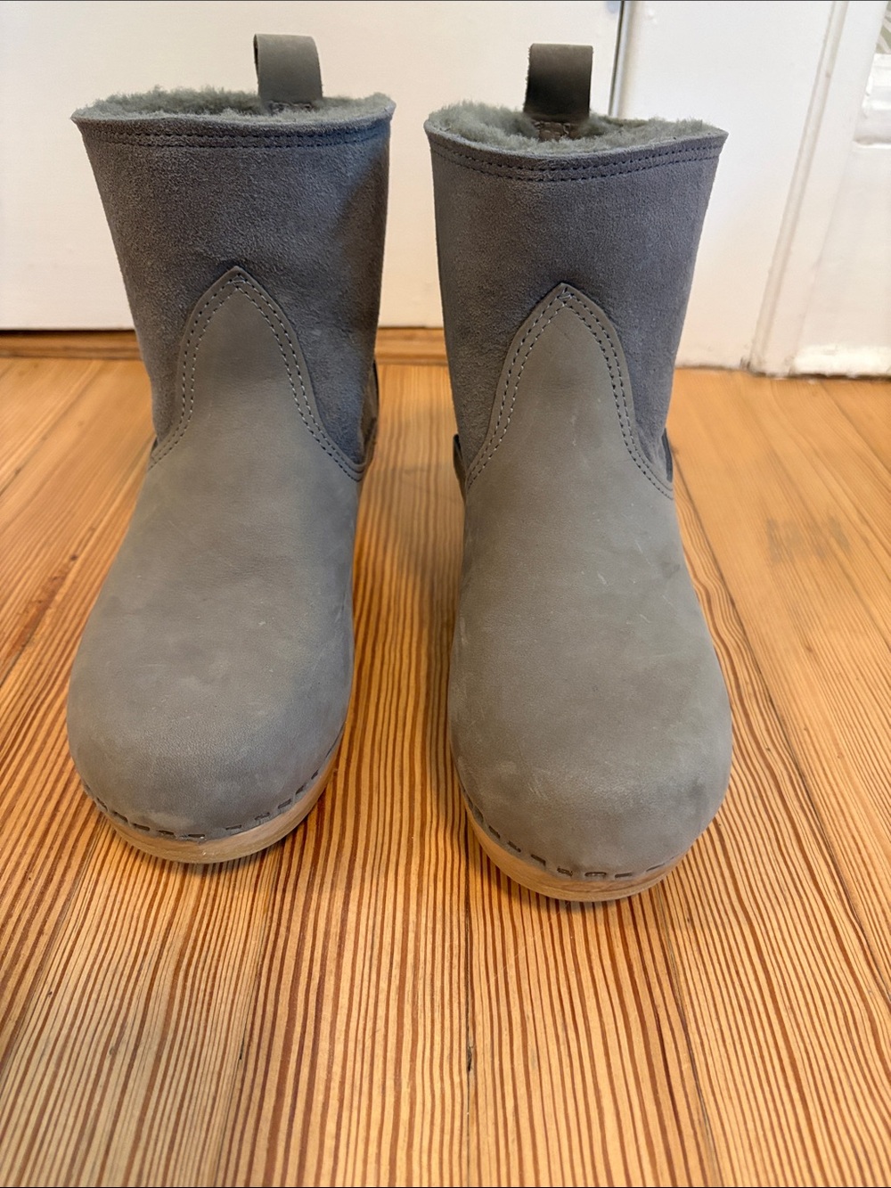No. 6 Gray Suede 5” Pull-on Shearling-Lined Clog Boots